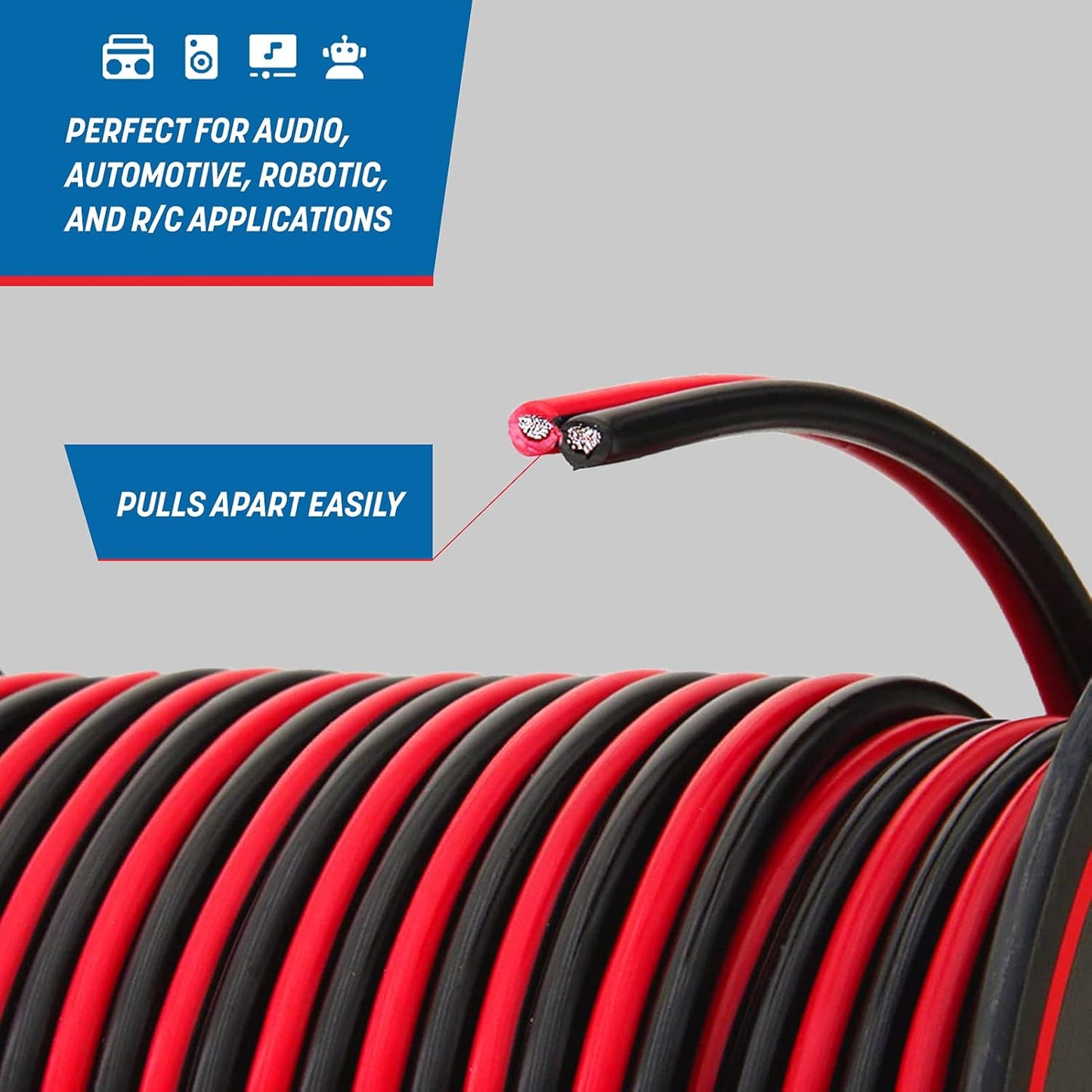 16 Gauge Wire (16 AWG) - 100 Foot, Pure Copper, Stranded Electrical Wiring for Speaker, Automotive, Trailer, Stereo and Home Theater Applications - Red/Black